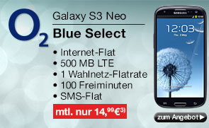 Samsung Galaxy S3 Neo, schwarz mit Blue Select inkl. 1 Wahlflat + 100 Minuten Vertrag von o2