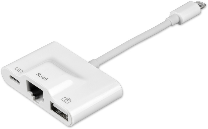 4smarts 3in1 Hub Lightning auf Ethernet, USB Typ-A und Lightning wei -