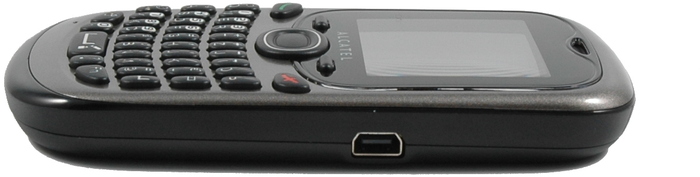 Alcatel onetouch OT-255D Dual-SIM, titan-grau - Seitenansicht mit Mini-USB Anschluss
