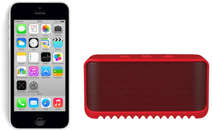 Apple iPhone 5C, 16GB, wei (Telekom) + Jabra Bluetooth Lautsprecher Solemate mini, rot