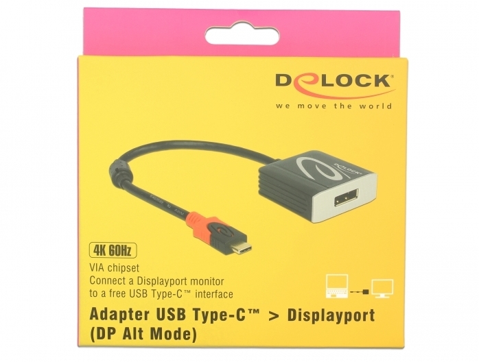 DeLock Adapterkabel USB Type-C Stecker > Displayport Buchse schwarz DP-Alt Mode -