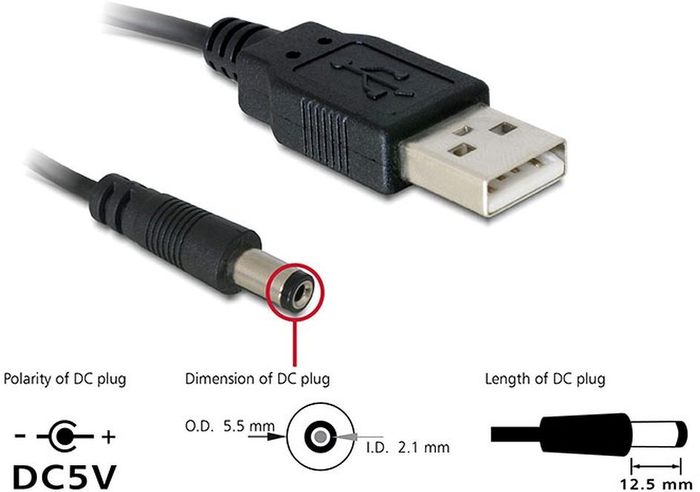 DeLock Kabel USB Power>DC 5,5 x 2,1 mm Stecker 1m -