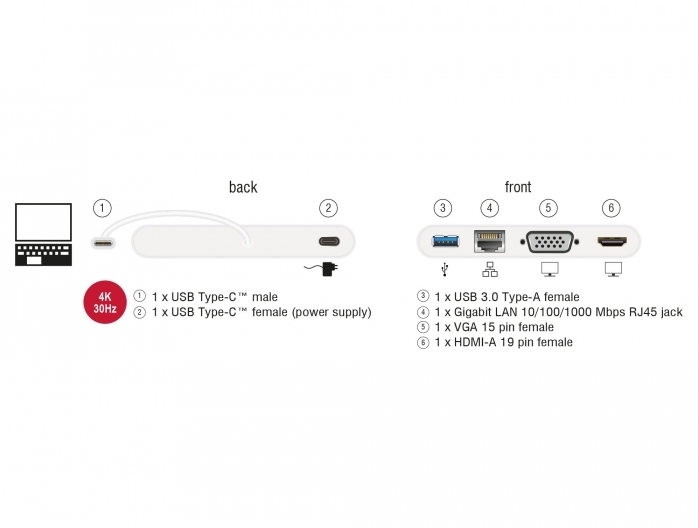 DeLock USB Type-C 3.1 Dockingstation HDMI 4K 30 Hz + VGA + LAN + USB PD -