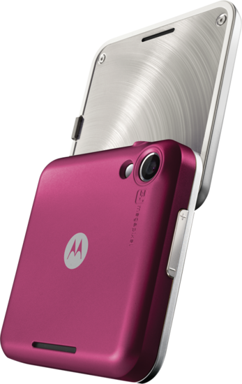 Motorola Flipout mit Vodafone Branding - Rckseite mit himbeerrotem Cover