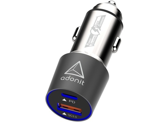 adonit Fast Car Charger Kfz-Ladegerät, USB-C PD & USB-A QC 3.0, 48W, silber/grau, ADFCC