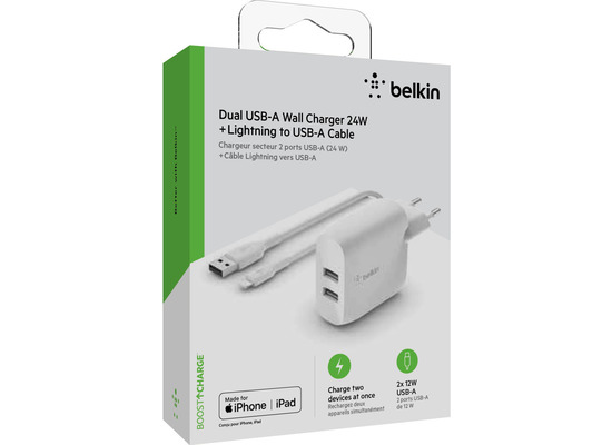 Belkin Dual USB-A Ladegert incl. Lightning Kabel 1m 24W wei