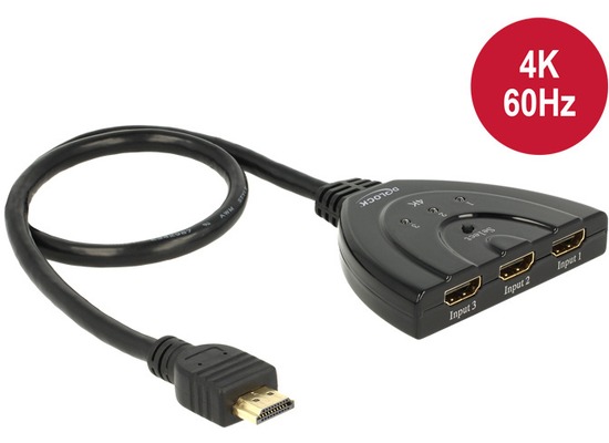 DeLock Switch HDMI 3 in > 1 out HDMI 4K UHD mit Kabel 50 cm