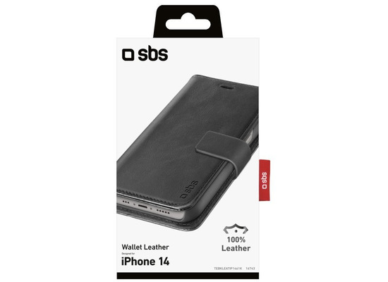 SBS Real Leather Wallet for iPhone 14, black color